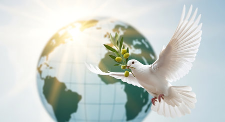 Flying white dove with olive branch and olive branch on the background of the planet Earthの写真素材