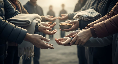 Group of people clinking hands with food. Concept of friendship and help.