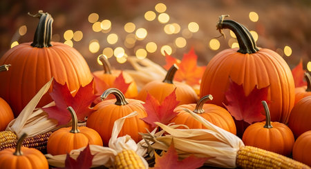 Autumn background with pumpkins, corn and bokeh lights