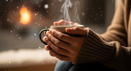 Woman holding cup of hot drink at home, closeup. Winter concept
