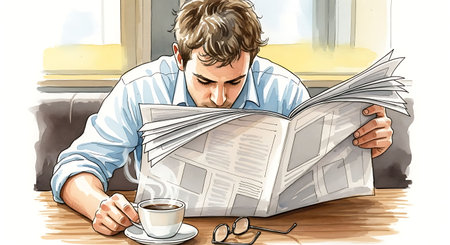 Illustration of a young man reading a newspaper while having a cup of coffeeの写真素材