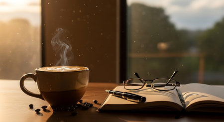 Coffee cup with notebook and pen on wooden table in front of windowの写真素材