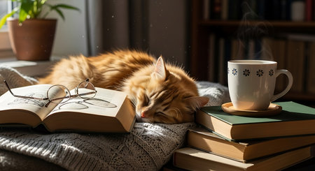Cute ginger cat sleeping on a stack of books and a cup of coffeeの写真素材