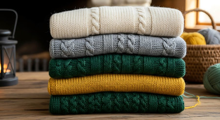 Stack of knitted sweaters on wooden table, closeup. Winter clothesの写真素材