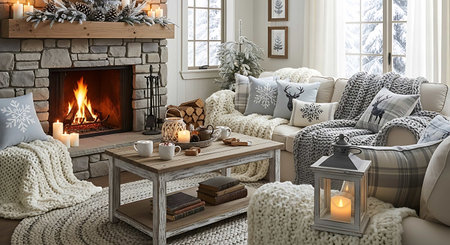 Cozy living room with fireplace, cozy sofa, coffee table and Christmas decorations. 3d renderの写真素材