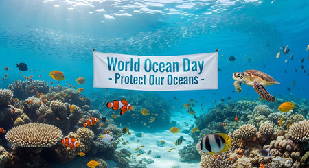 World Ocean Day against coral reef with fishes and corals in blue waterの写真素材