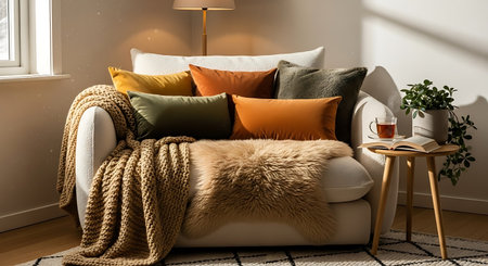 Cozy living room interior with comfortable sofa and knitted plaidの写真素材