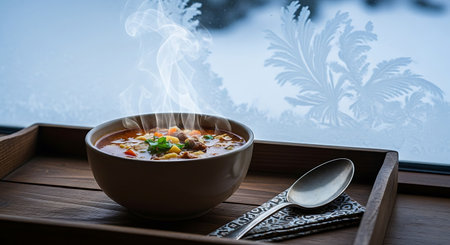 A bowl of hot soup with steam on the window in the morningの写真素材