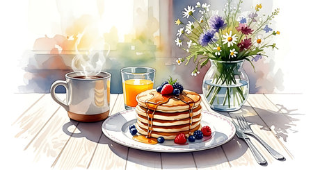 Composite image of breakfast with pancakes, berries and orange juiceの写真素材