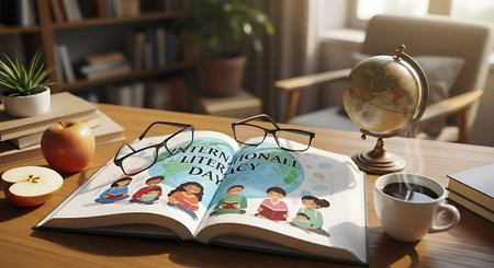 Open book with glasses and books on table in office. Education conceptの写真素材