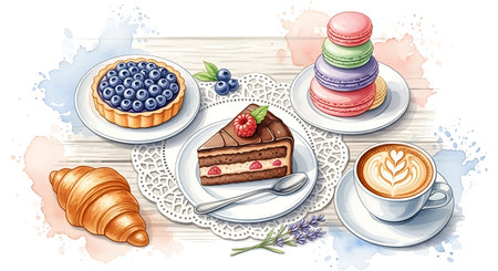 Cup of coffee, croissant, macaroon, blueberry, macaroon. Vector illustration.の写真素材