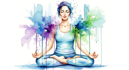 Yoga woman in lotus pose with colorful watercolor splashesの写真素材