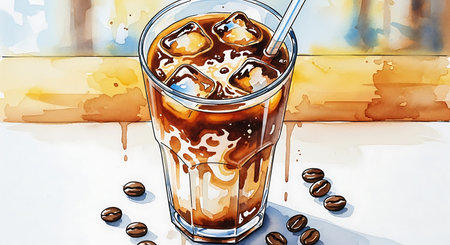 Iced coffee in a glass with ice cubes and coffee beans.の写真素材