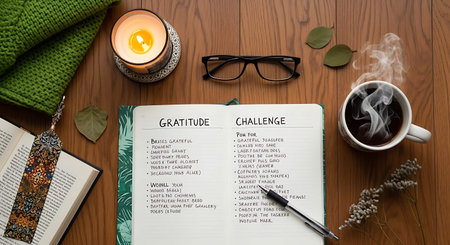 Open book with a cup of coffee, reading glasses, warm knitted plaid and a burning candle.の写真素材