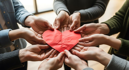 close up of a group of people holding a red paper heart in their handsの写真素材