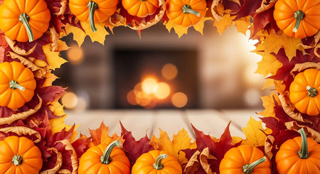 Halloween background with pumpkins and autumn leaves. Space for textの写真素材