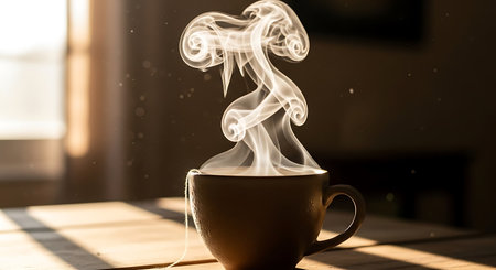 Cup of coffee with smoke on the background of the window.の写真素材