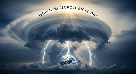 World environment day concept with earth globe in stormy clouds and lightningの写真素材