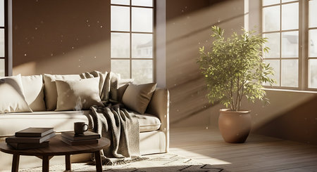 interior with brown sofa. 3d illustration mock up computer generated imageの写真素材