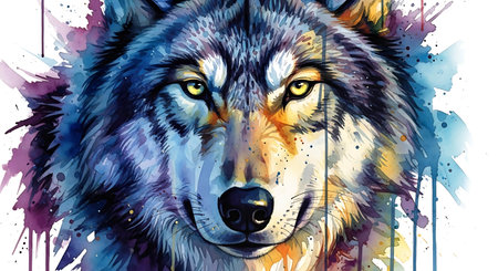 Wolf head on abstract watercolor background. Digital painting. Vector illustration.