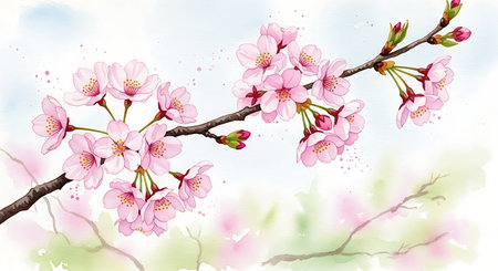 cherry blossom tree branch with pink flowers, watercolor illustrationの写真素材
