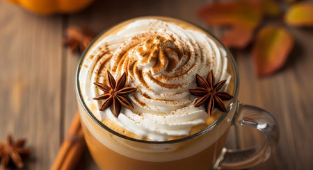 Pumpkin latte with whipped cream, cinnamon and star aniseの写真素材