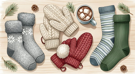 Vector set of winter accessories. Knitted socks, mittens, hat, scarf, mittens, cup of coffee.の写真素材