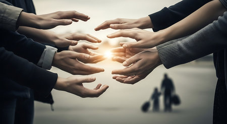 Group of business people putting hands together as symbol of unity and teamwork