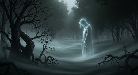 Scary ghost in the forest. Halloween background. 3D rendering