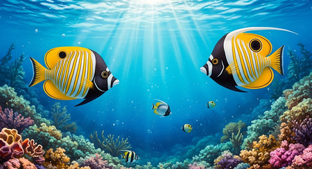 Underwater scene with coral reef and tropical fish. Vector illustration.の写真素材
