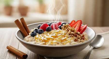 Bowl of tasty oatmeal with berries and honey on wooden tableの写真素材