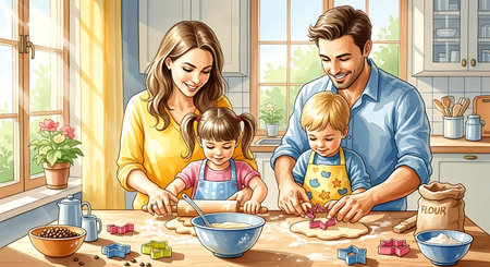 Illustration of a happy family preparing cookies in the kitchen at homeの写真素材