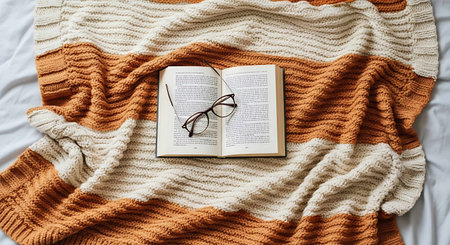 Book, eyeglasses and knitted sweater on bed, top viewの写真素材