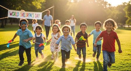 Group of children playing in a park on a sunny summer day.