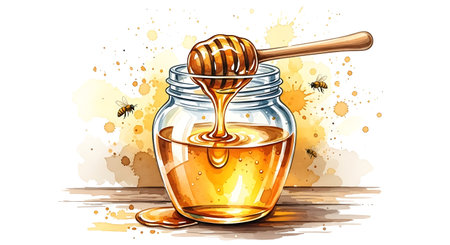 Honey dripping from a wooden honey dipper into a jar. Vector illustration.の写真素材