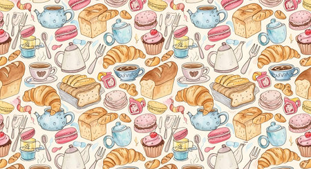 Seamless pattern with hand drawn pastries. Vector illustration.の写真素材
