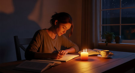 Young woman writing in notebook while sitting at table in dark room at nightの写真素材