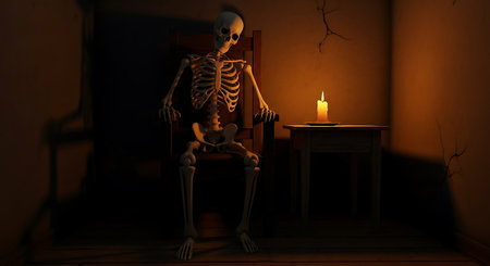 Skeleton sitting on chair with candle in dark room. Halloween conceptの写真素材