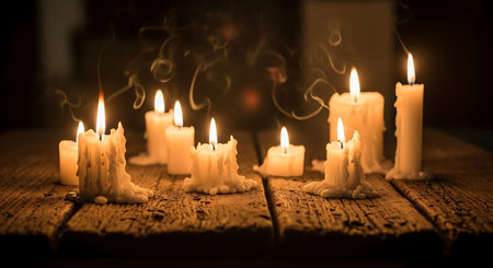 Burning candles on a wooden background. Selective focus. Toned.の写真素材