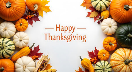 Happy Thanksgiving greeting card with pumpkins and autumn leaves on white backgroundの写真素材