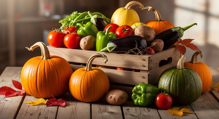 Fresh vegetables in a wooden box on a wooden table. Autumn harvest.の写真素材