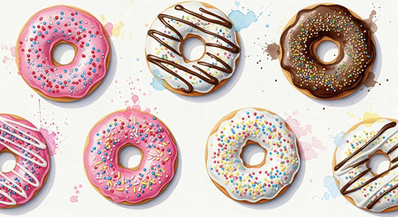 Set of glazed donuts with sprinkles. Vector illustration.の写真素材