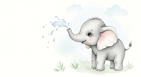 Cute baby elephant with water splash. Watercolor hand drawn illustrationの写真素材
