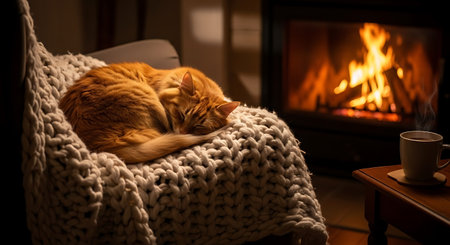 Cute ginger cat sleeps on a cozy armchair in front of a fireplace.の写真素材