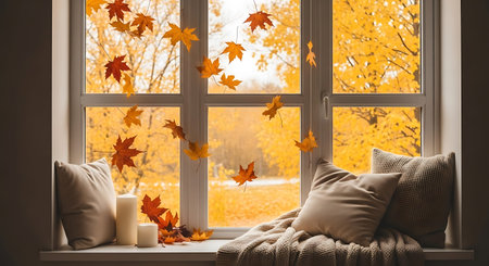 Autumn leaves on the windowsill with cozy pillows and candlesの写真素材