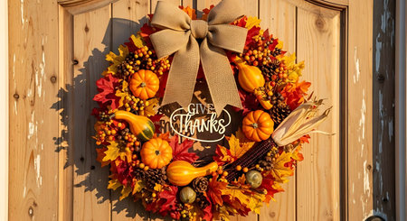 Thanksgiving wreath with pumpkins and autumn leaves on wooden doorの写真素材