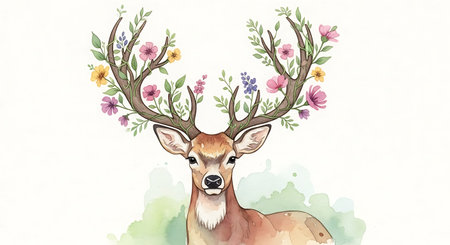 Watercolor illustration of a deer with a wreath of flowers.の写真素材
