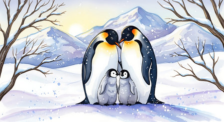Two penguins in the winter landscape. Illustration for children.の写真素材