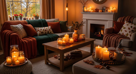 Cozy living room interior with fireplace and candles, 3d renderの写真素材