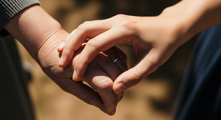 Close-up image of a couple holding hands in a park.